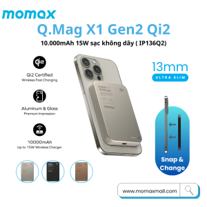 Pin dự phòng Momax Q.Mag X1 Qi2 Magnetic Wireless Power Bank 10000mAh - Gen 2 (IP136Q2)